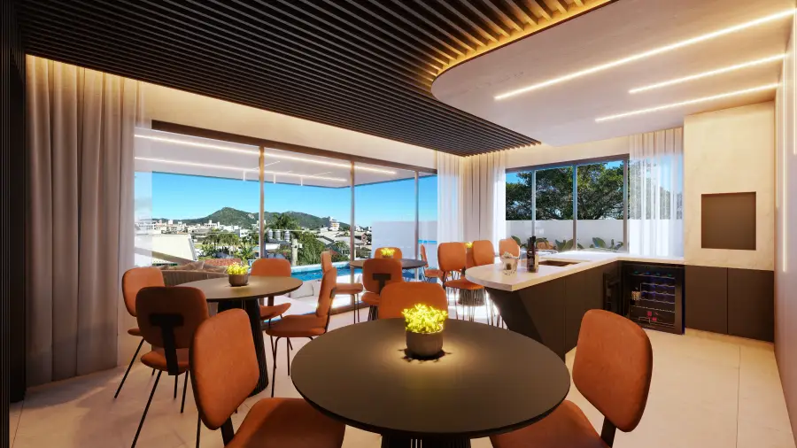 Espaço gourmet com bar e vista