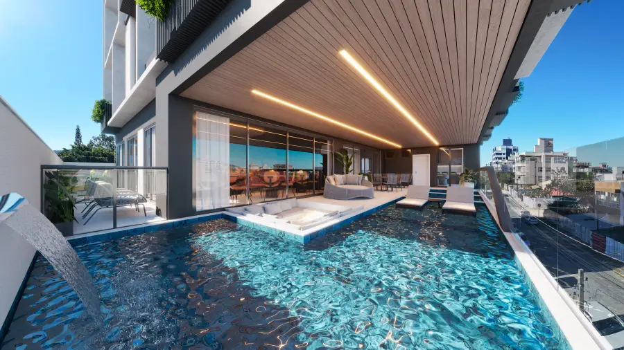 Piscina no rooftop com vista para os morros de Bombinhas