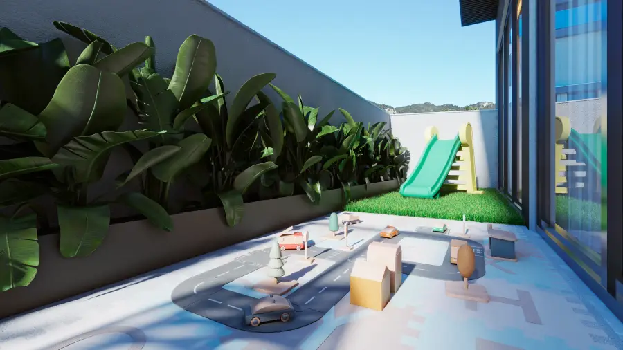 Playground com escorregador e pista infantil